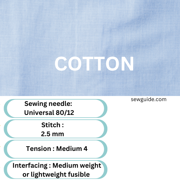 settings for sewing cotton - universal 80/12 sewing needle, with a medium tension of 4 and stitch length of 2.5 mm