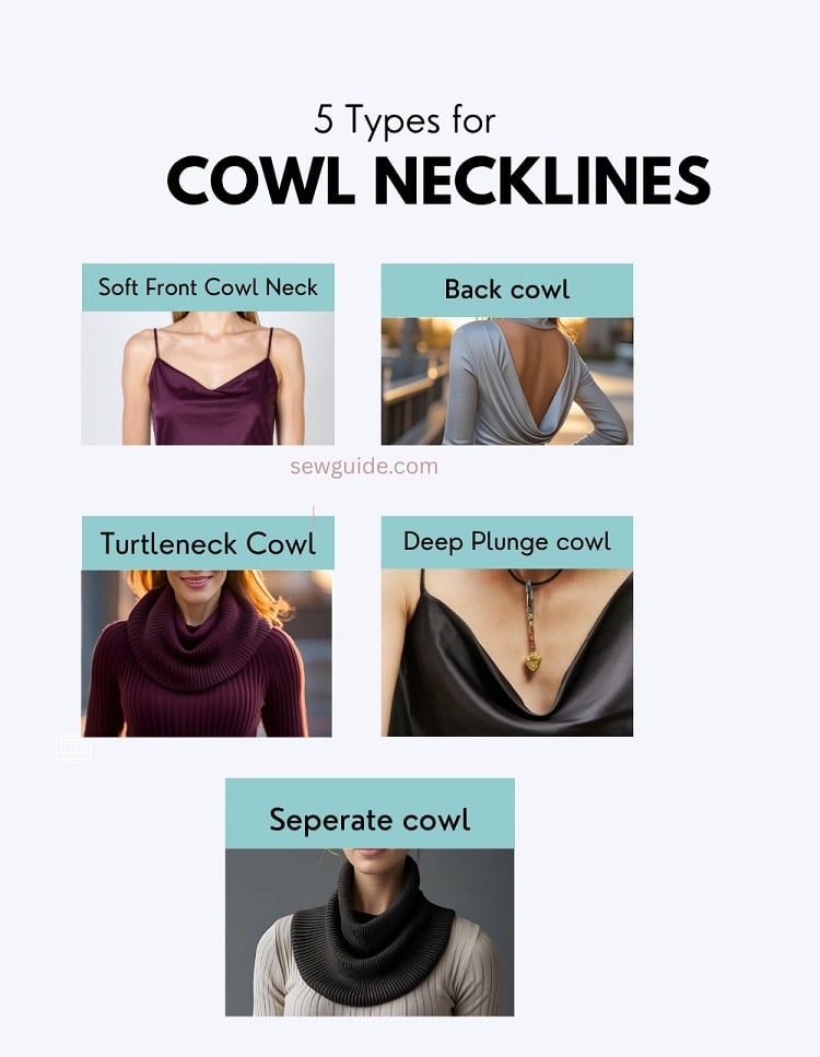 name of cowl necks in tops with pictures of front cow, back cowl, turtleneck cowl depp plunge cowl and detachable cowl
