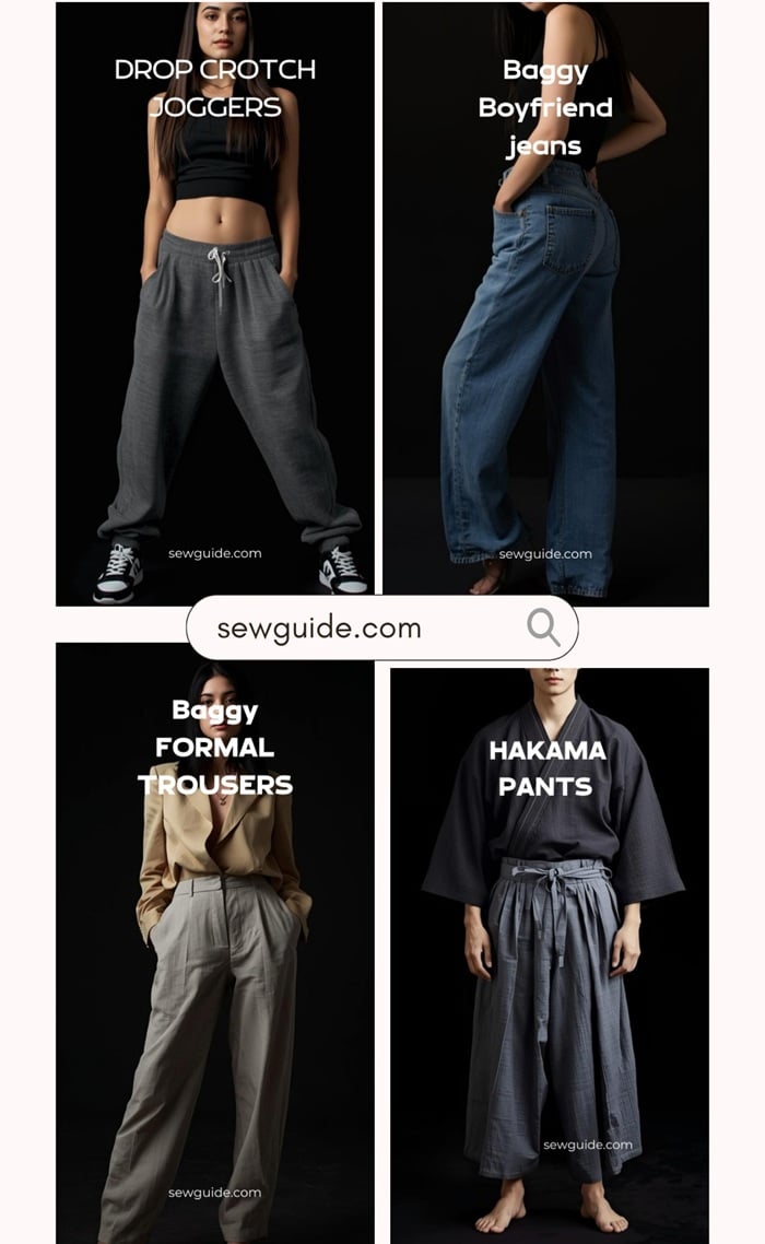 pictures of people wearing drop crotch joggers, baggy boyfriend jeans, baggy formal trousers and hakama pants