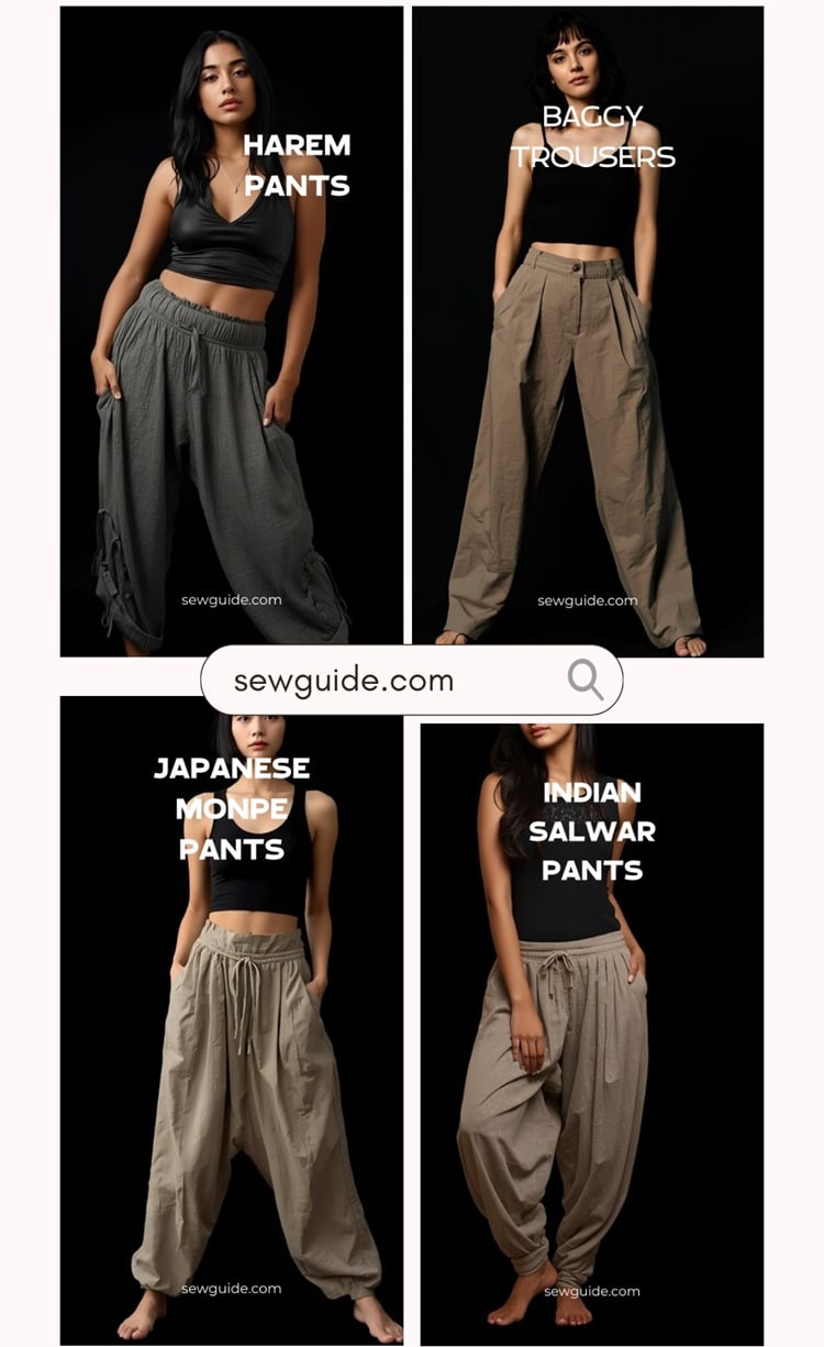 pictures of women wearing harem pants, baggy trousers japanese monpe pants and indian salwar pants