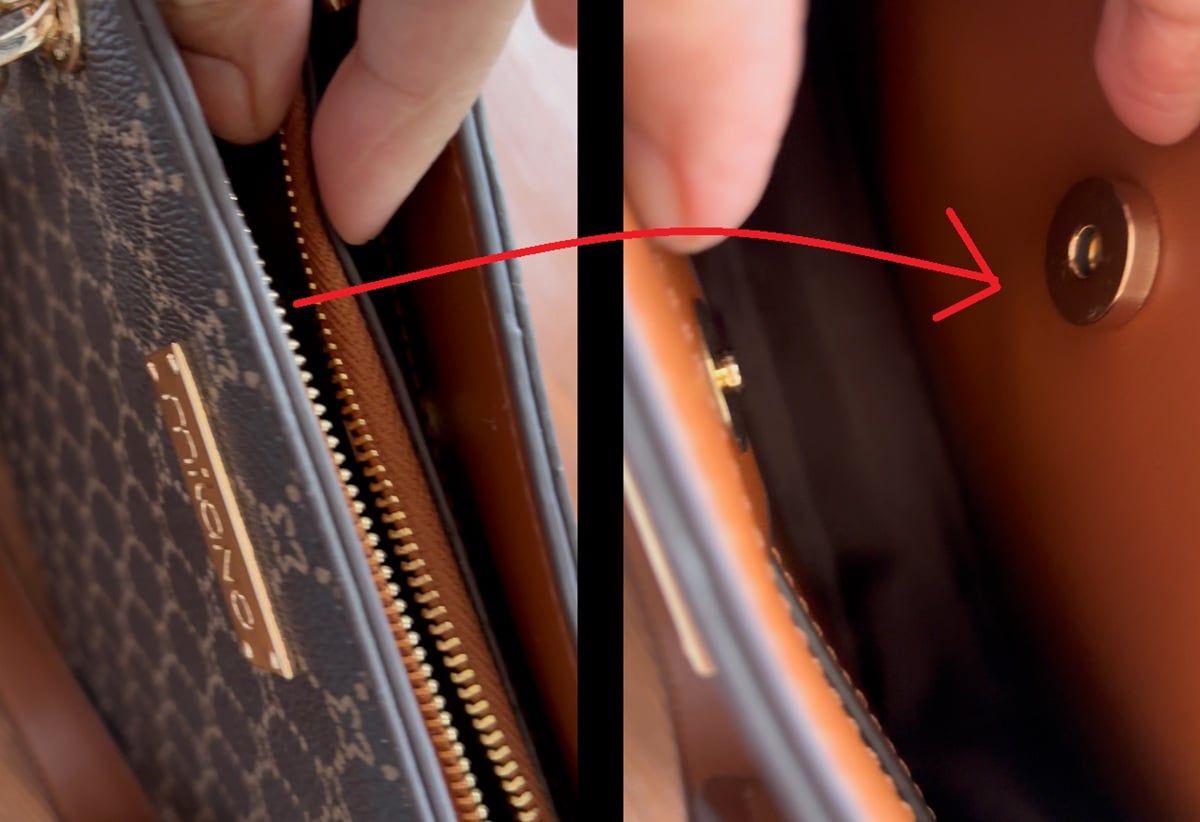 hidden magnetic snaps inside a handbag