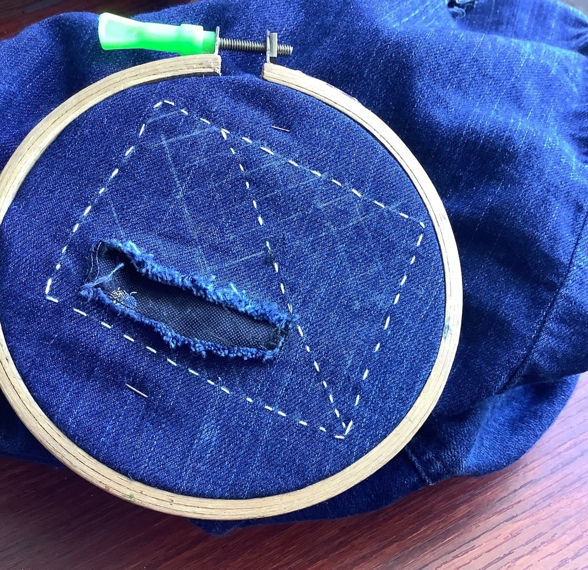 visible mending with sashiko stitches