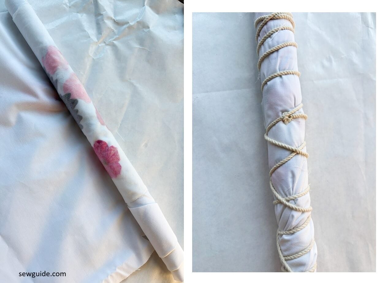 the fabric tightly rolled and tied for eco printing