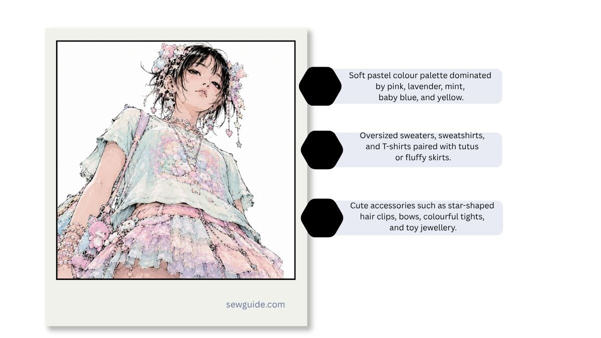 illustration of a girl wearing soft pastel colored clothes of fairy kei