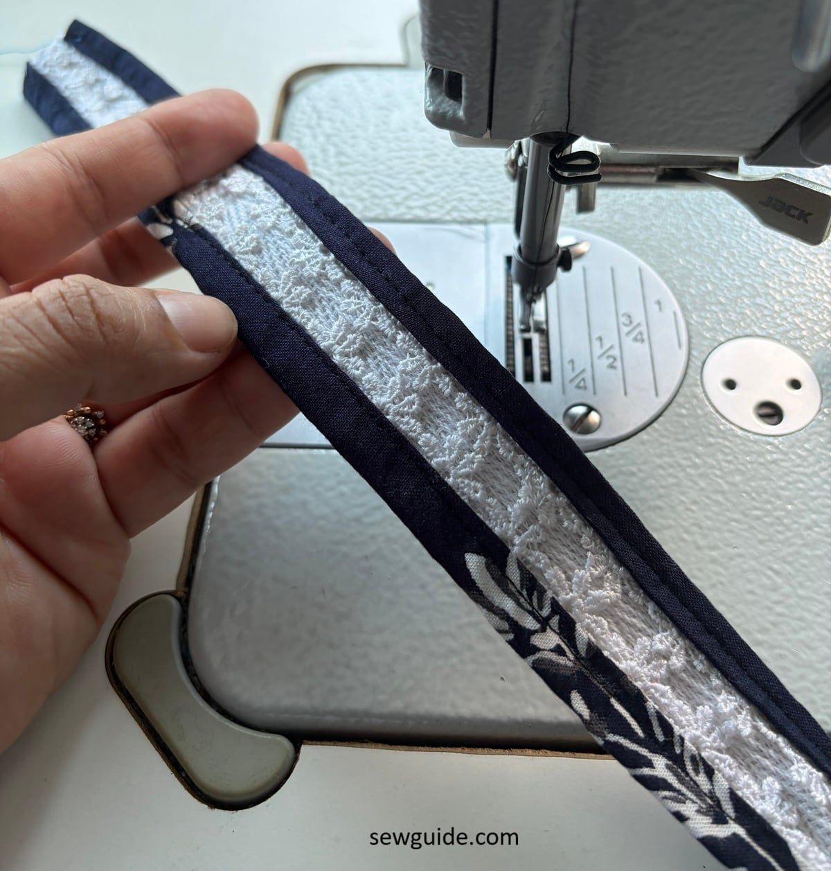 lace trims decorating the fabric straps